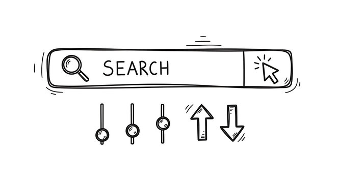 Search bar icons, web navigation symbols, magnifying glass cursor, online search buttons