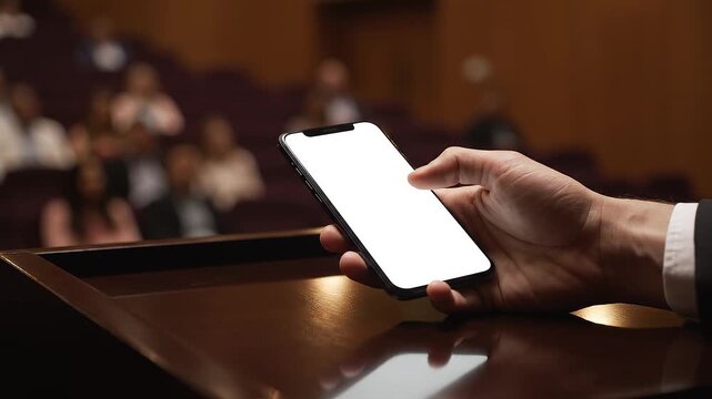 Close-up of a hand holding a modern smartphone with a blank white screen, resting on a lectern during a conference, emphasizing digital presentation concepts