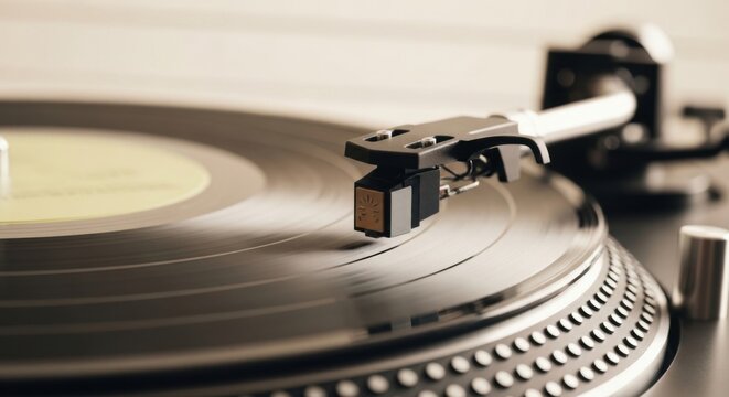 Professional Turntable with Vinyl Record in Close Up