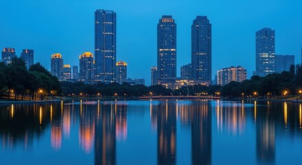Fototapeta premium Modern City Skyline at Dusk Reflected on Calm Lake