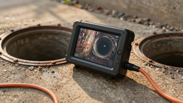 A close-up of a plumbing camera device with an orange cable, positioned next to an open pipe for drainage system inspection.