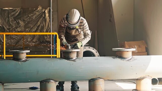 close up cinematic slow motion footage of a metalworker wearing protective gloves and safety helmet uses an angle grinder to cut steel, creating sparks in a workshop environment.