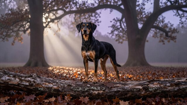 A Treeing Walker Coonhound stands on a fallen log amidst autumn leaves, bathed in golden hour light with soft focus background.