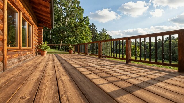 Shiny newly stained cedar deck on a log cabin with lush greenery and blue skies in the background.