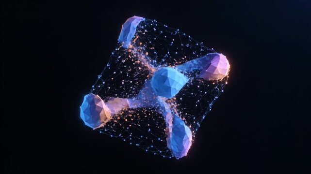 Abstract 3D geometric shapes morphing and exploding into particles, futuristic motion background