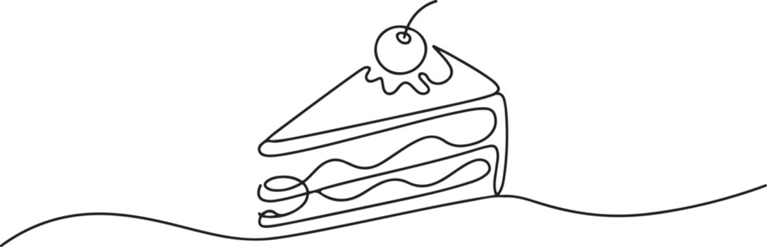 Slice of Cake Continuous Line. Continuous one line drawing pastry cutlet dish with cherry. Dessert concept. one line Icon drawing