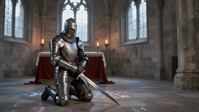 A knight in full armor kneels in prayer inside a cathedral, holding a sword as golden light streams through stained glass windows.