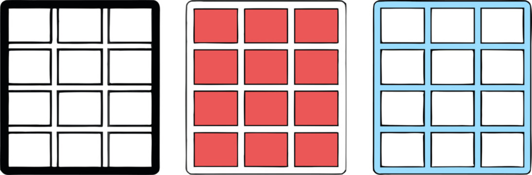 3-Style Heatmap Cell Grid Vector Icon Set - Outline, Solid, and Flat Color Variations for Data Visualization