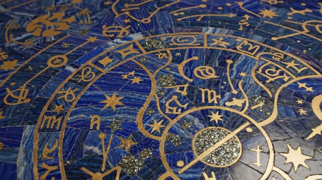 Detailed Celestial Zodiac Mosaic With Gold Symbols