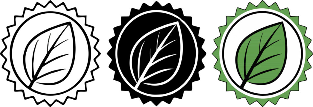 Eco Friendly Green Leaf Badge Vector Icon Set - 3 Design Styles for Organic Sustainability and Nature Certifications