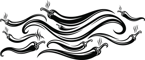 Fototapeta premium Set of hot chili peppers in a wavy composition, vector illustration