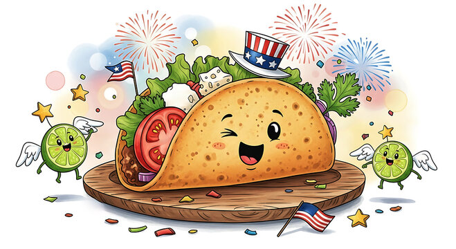 Cartoon taco celebrating fourth of july with fireworks and cute lime characters, american flag accessories, festive food illustration on wooden plate, joyful summer holiday background
