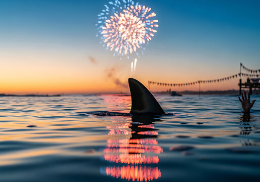 Shark fin in water during sunset with colorful fireworks in sky, hand reaching out, festive summer evening at ocean, vibrant hues reflecting on calm sea surface, twilight celebration scenery