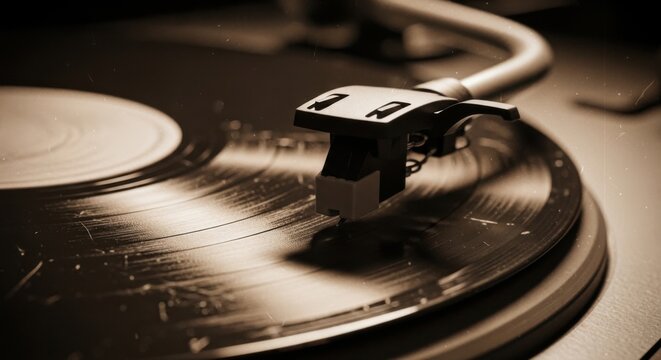 Close Up Vintage Turntable Tonearm on Vinyl Record