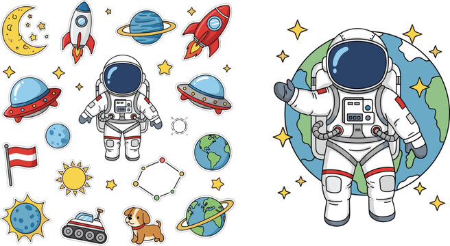 Astronaut and space elements collection with rockets planets and stars in flat vector style, outer space exploration illustrations isolated on white background for kids design