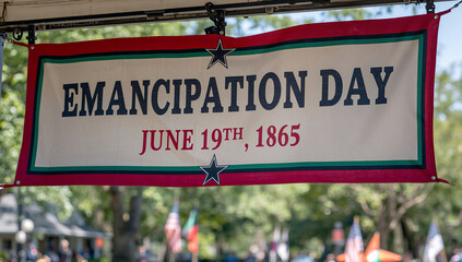 Emancipation Day banner with June 19th 1865 text hanging outdoors at Juneteenth celebration