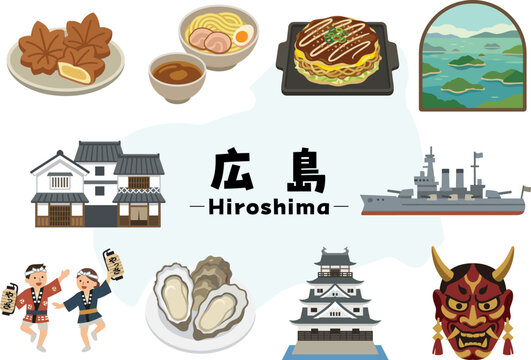 広島県の文化・特産・グルメ・歴史アイコンセット（牡蠣・お好み焼き・尾道ラーメン・呉・広島城・神楽）