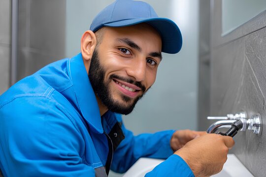 A cheerful plumber in blue workwear repairs a bathroom sink, highlighting his proficiency and dedication to quality plumbing services.