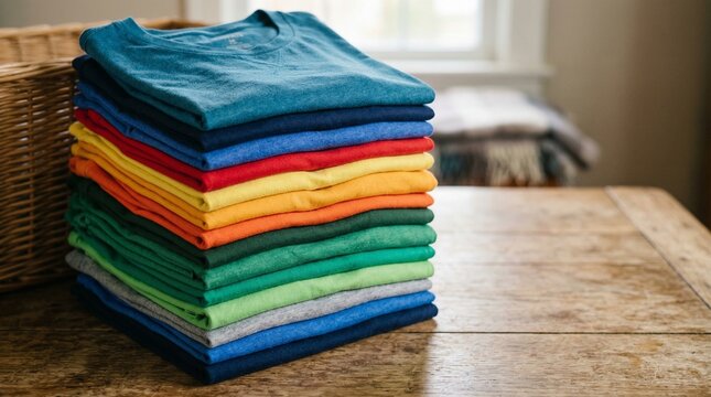 Neatly folded pile of multicolored t-shirts on wooden background. Professional laundry service, textile quality, apparel organization and retail clothing display concept.