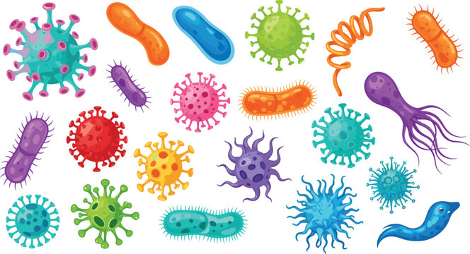 Colorful bacteria and virus microorganisms set, detailed germ shapes and microbes illustration, scientific biology collection for medical, healthcare, education and laboratory themes