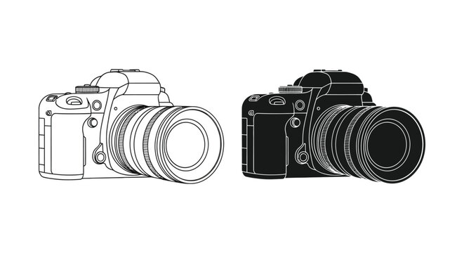 Two digital slr cameras one light and one dark detailed outline silhouette