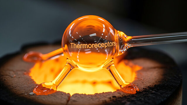 Thermoreceptors heat sensitive glass bulb with three legs on hot surface with glowing flame in background