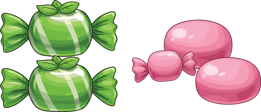 Candy Illustration Set with Wrapped Sweets and Colorful Hard Candy Pieces for Confectionery Dessert Design and Sugar Treat Collection