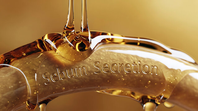 Sebum secretion oil drop on golden surface  shiny liquid flow  smooth texture  golden background