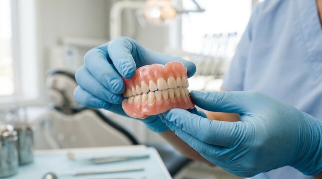Close up of dental technician hands in blue gloves holding full set of dentures in laboratory, oral rehabilitation and stomatology prosthetics