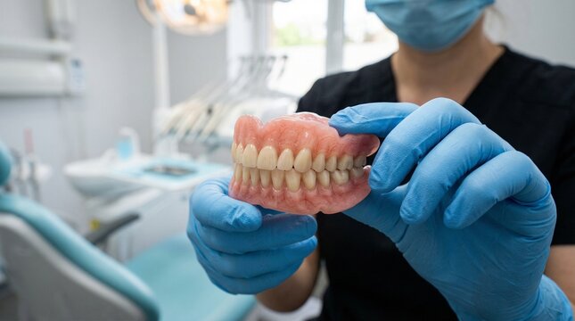 Professional dentist holding high quality full dentures in dental clinic office. Prosthodontics, tooth replacement and geriatric stomatology concept for healthcare marketing.
