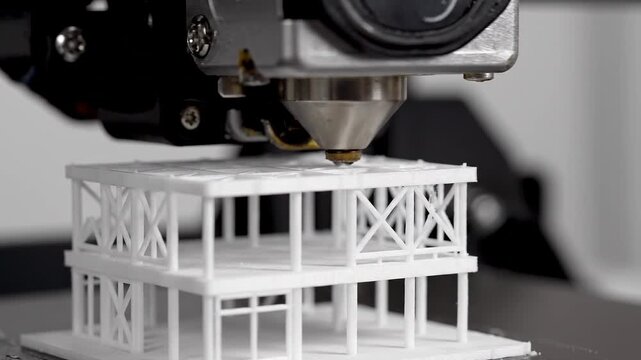 3D printer creating a white architectural model of a building structure with intricate details