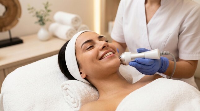 Close up of smiling woman getting facial skin tightening treatment in aesthetic clinic. Hardware cosmetology for face lifting and anti-wrinkle skin care. Wellness spa procedure.