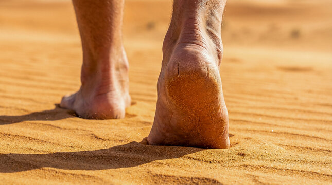 Imagen hiperrealista de pies descalzos caminando sobre arena caliente, enfoque cercano, textura detallada, luz natural intensa