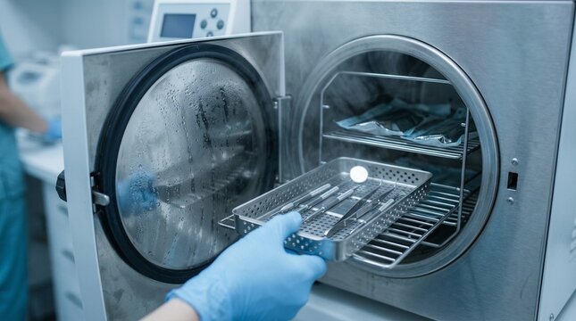 Medical assistant placing metal tray with dental instruments into autoclave for steam sterilization. Modern clinic infection control, safety standards and laboratory hygiene procedure.