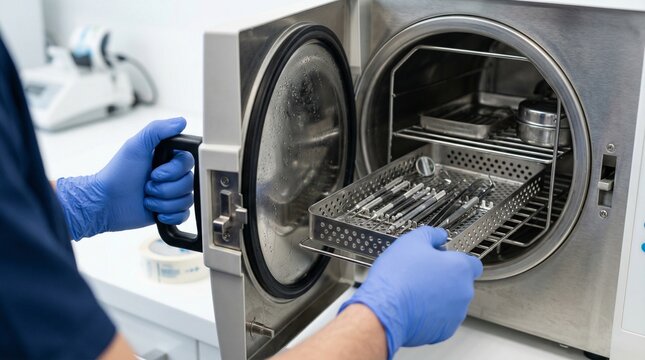 Medical professional placing tray with stainless steel dental tools into autoclave for steam sterilization. Process of disinfecting medical equipment in professional clinic.