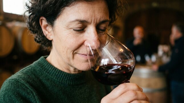 Happy woman sommelier smiling while smelling red wine in glass at cellar. Professional oenologist tasting alcohol beverage near barrels. Traditional winemaking, hospitality and tourism.