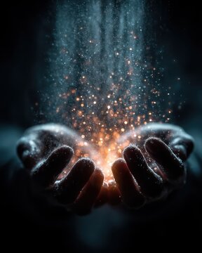 Glowing particles cascade into open hands, illuminating the space in an ethereal, dark background