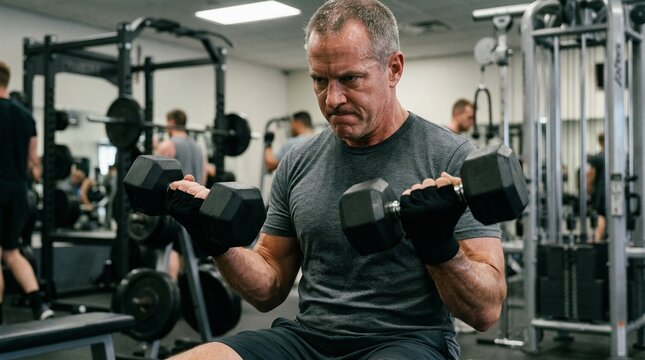 Middle aged athletic man doing bicep curls with dumbbells in professional gym. Strength training, fitness workout, healthy aging and muscle building concept for men over 40.