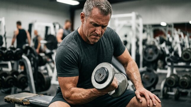 Muscular senior man training with dumbbells in gym. Strong mature male bodybuilder exercising bicep curls. Healthy lifestyle, fitness motivation and active aging strength workout.