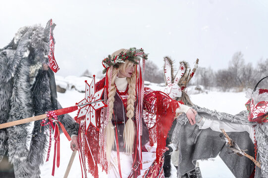 Celebration of traditional Maslenitsa with mummers