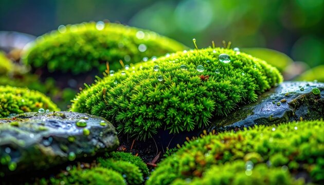 Moss Covered Rocks with Water Droplets.