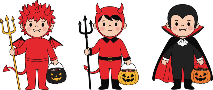 Cute Halloween kids in devil and vampire costumes holding pumpkin buckets in flat vector style, festive trick or treat characters isolated on white background