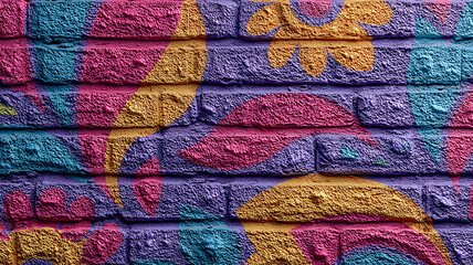 Obraz premium Bold and vibrant graffiti artwork painted on a textured brick wall, showcasing urban street art style with expressive colors and dynamic patterns made with generative AI