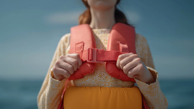 Girl holding red life vest buckles near sea. Child female in floral sweater and yellow pants, ocean background, water safety gear.