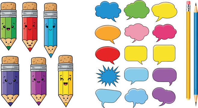 Cute pencil characters and colorful speech bubbles set, cartoon stationery illustration with smiling pencils, dialogue clouds and shapes for education, school design and communication concepts