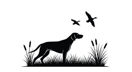 Pointer dog gazing at flying birds in a marshland silhouette © Rakib