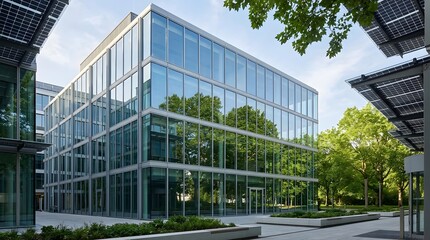 Obraz premium Modern glass office building with solar panels surrounded by trees on a sunny day