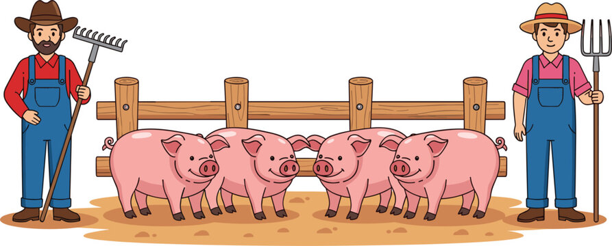 Farmers with pigs illustration, cartoon farm animals and agriculture workers, rural farming scene with livestock, barnyard concept for agriculture, countryside and livestock breeding themes