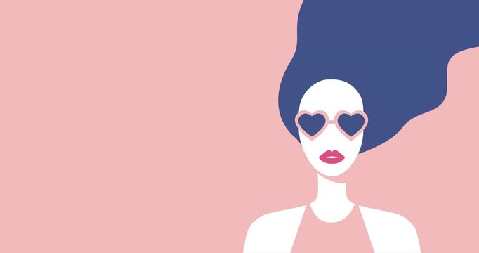 Retro Style Loop Animation Background. Woman in Heart-Shaped Glasses and Hair Blowing in the Wind. Minimal Flat Vector Art with Limited Color Palette