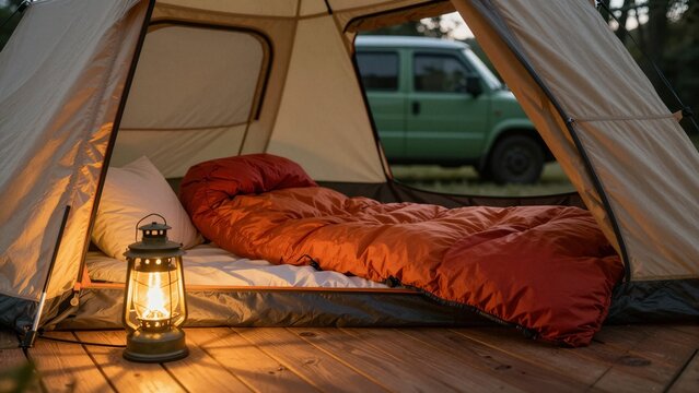 Warmly lit tent interior with sleeping bag and lantern on wooden deck.